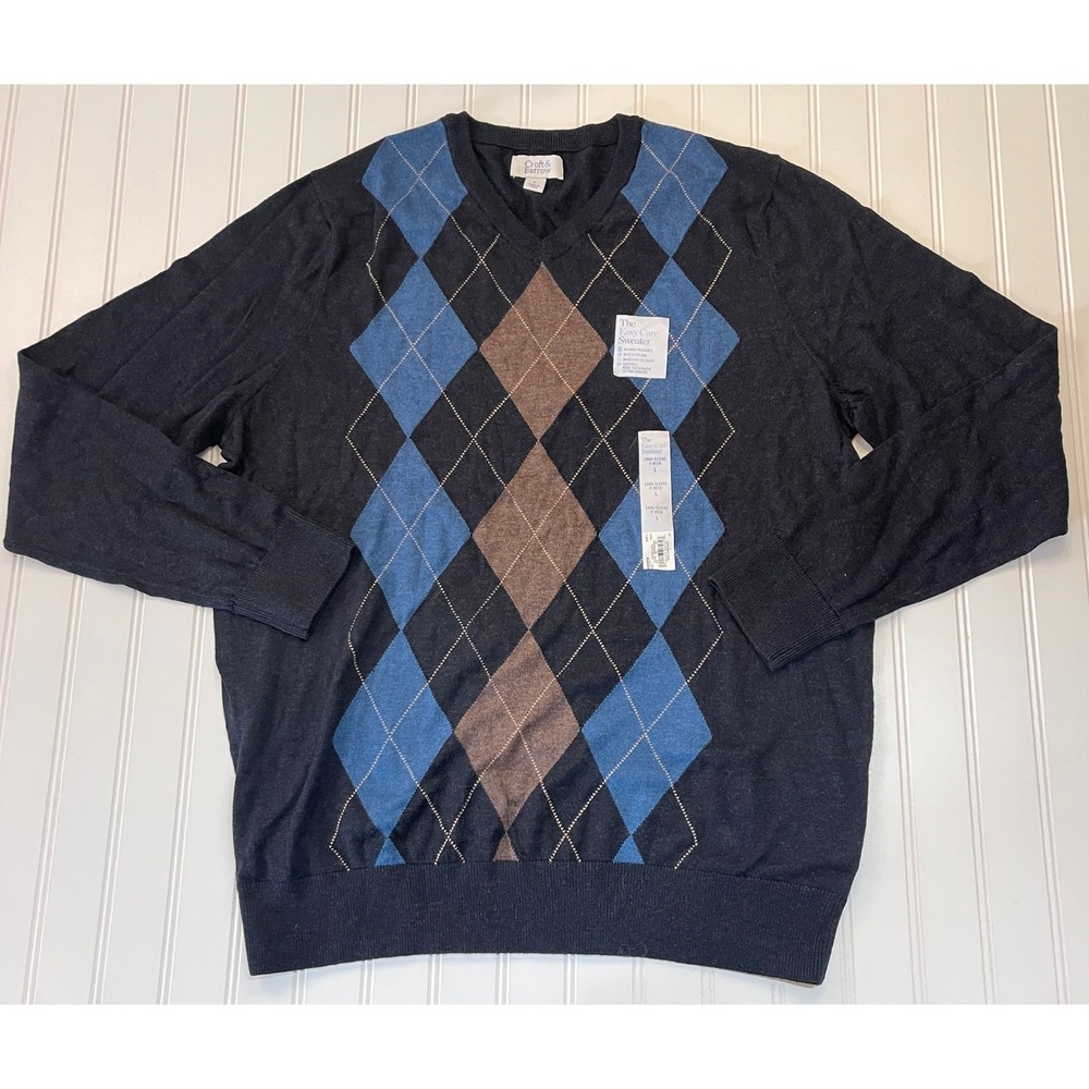 NWT Croft & Barrow Mens Argyle V-Neck Sweater Navy Blue Brown Grandpa Core Large